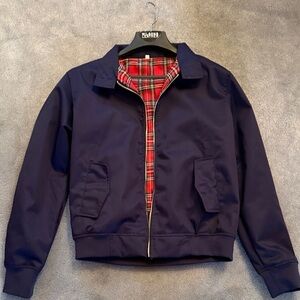Navy Blue Bomber Jacket with Red Plaid Interior